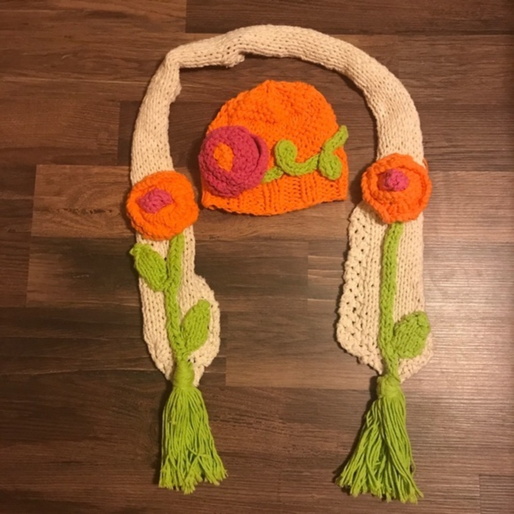 Handmade Crochet Flower Hat and Scarf Set